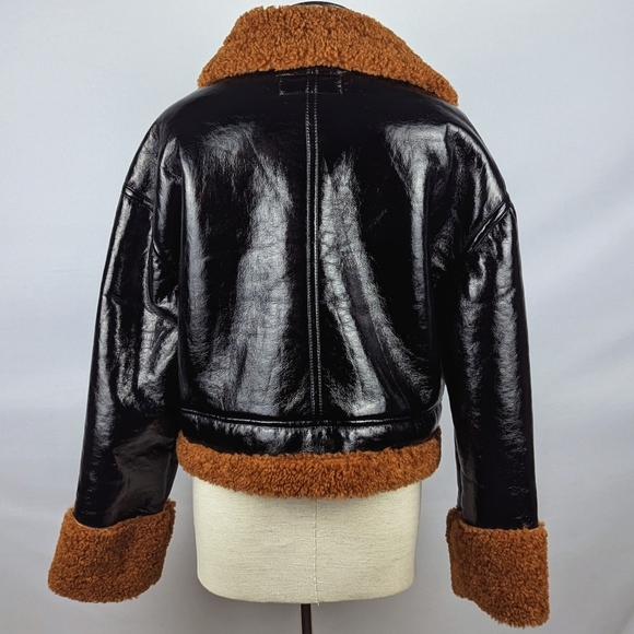 BLANK NYC Moto Jacket Vegan Patent Leather Faux Shearling Black Copper M NWT - Picture 9 of 14